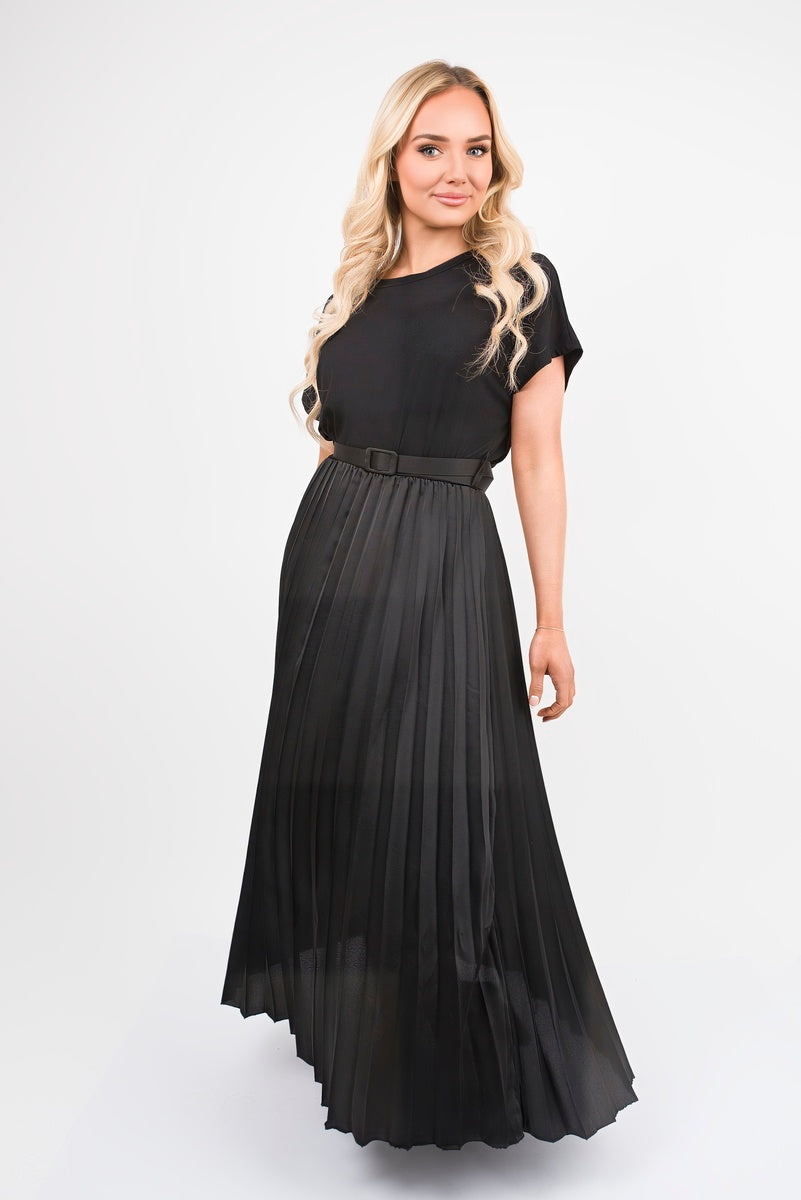 Belted Short Sleeve Pleated Midi Dress
