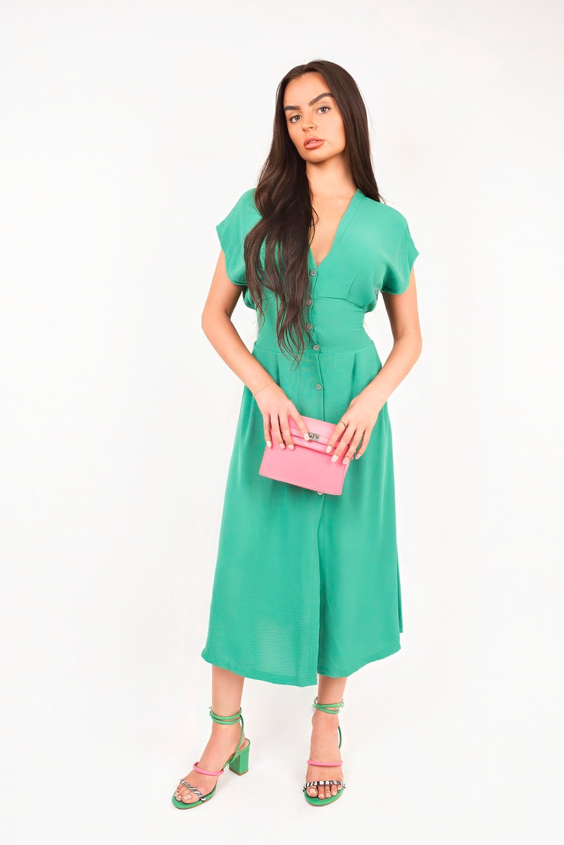 Button Down Cap Sleeve Midi Dress