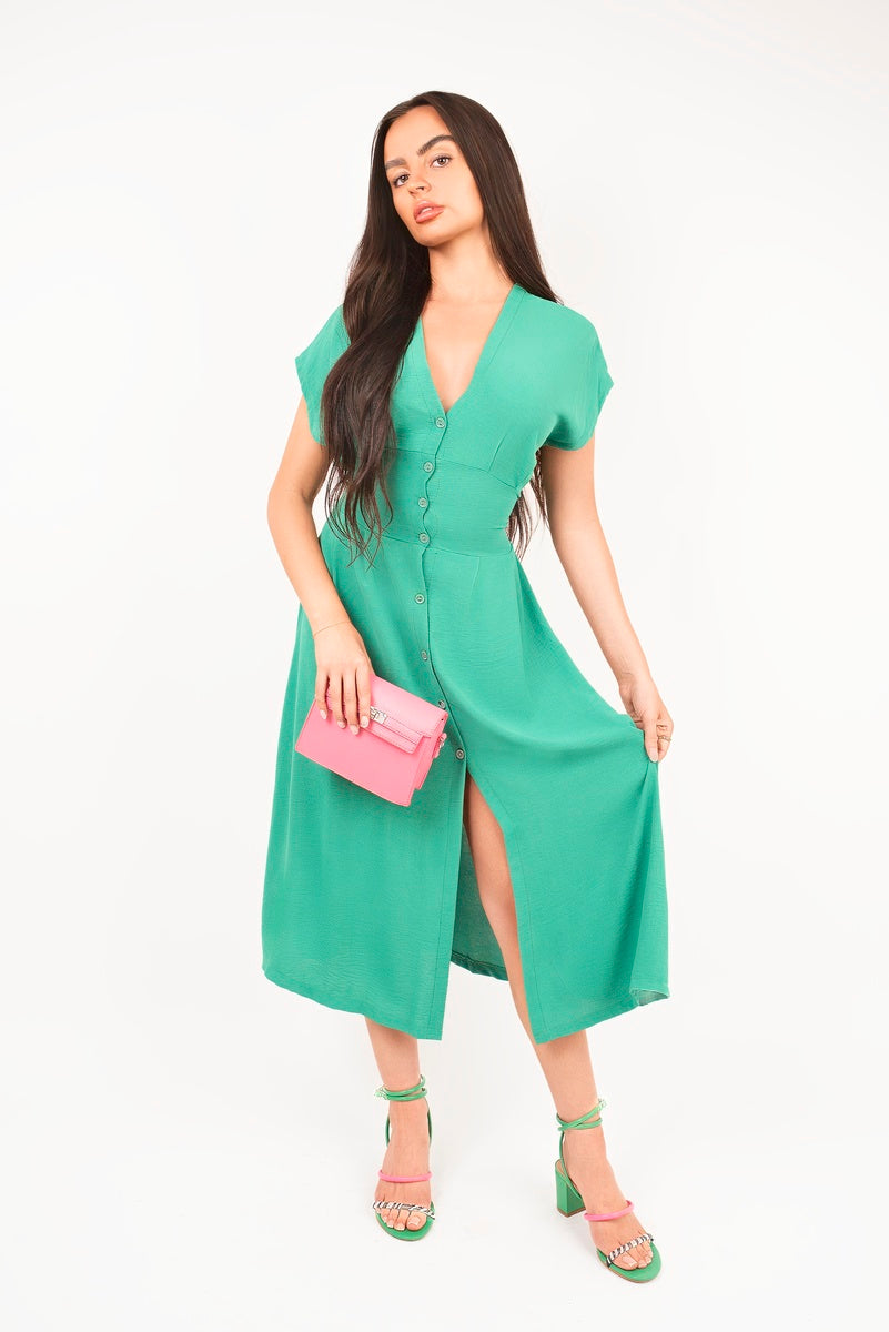 Button Down Cap Sleeve Midi Dress