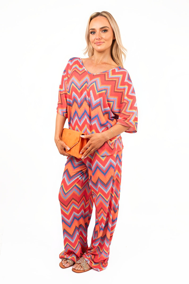 Zigzag Print Top and Wide Leg Trousers Co-ord Set