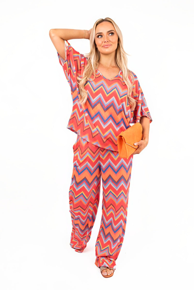 Zigzag Print Top and Wide Leg Trousers Co-ord Set