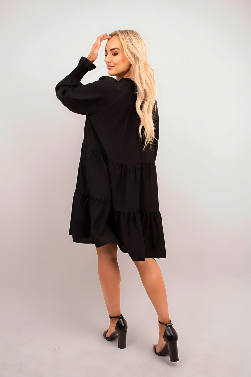Long Sleeve Front Tie Tiered Mini Dress