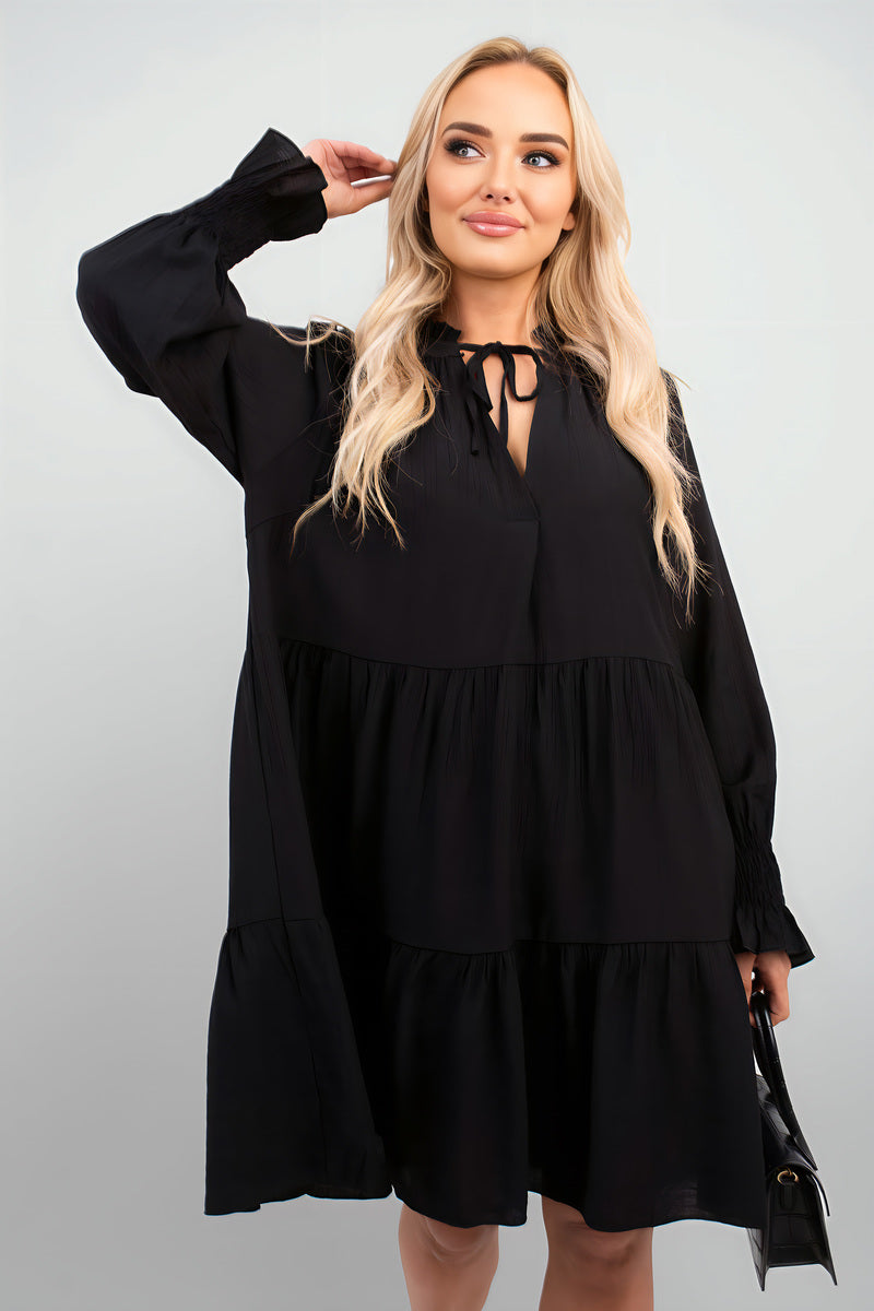 Long Sleeve Front Tie Tiered Mini Dress