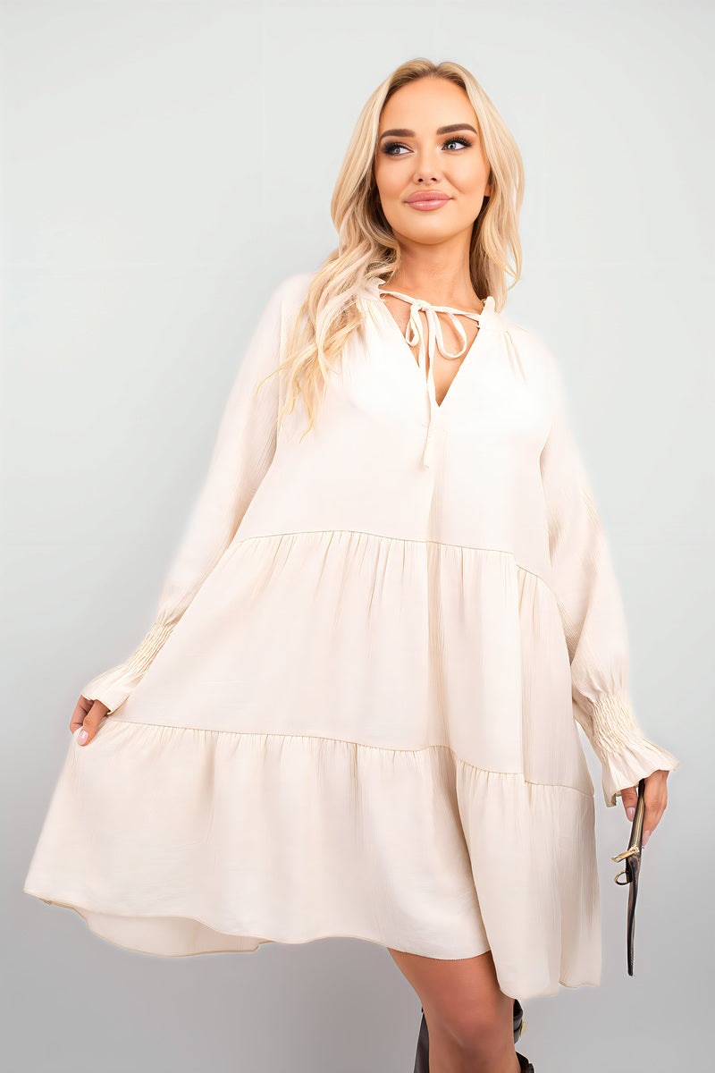 Long Sleeve Front Tie Tiered Mini Dress