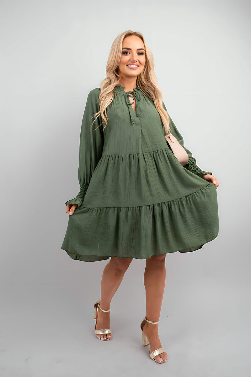 Long Sleeve Front Tie Tiered Mini Dress