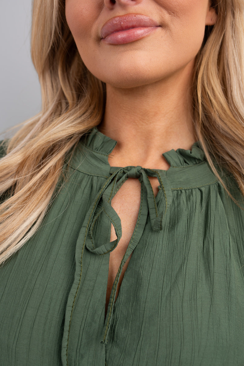 Long Sleeve Front Tie Tiered Mini Dress