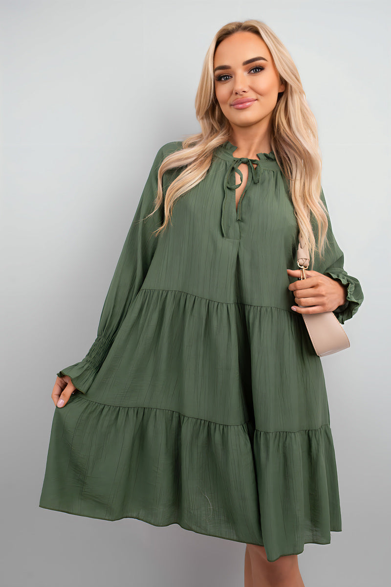 Long Sleeve Front Tie Tiered Mini Dress