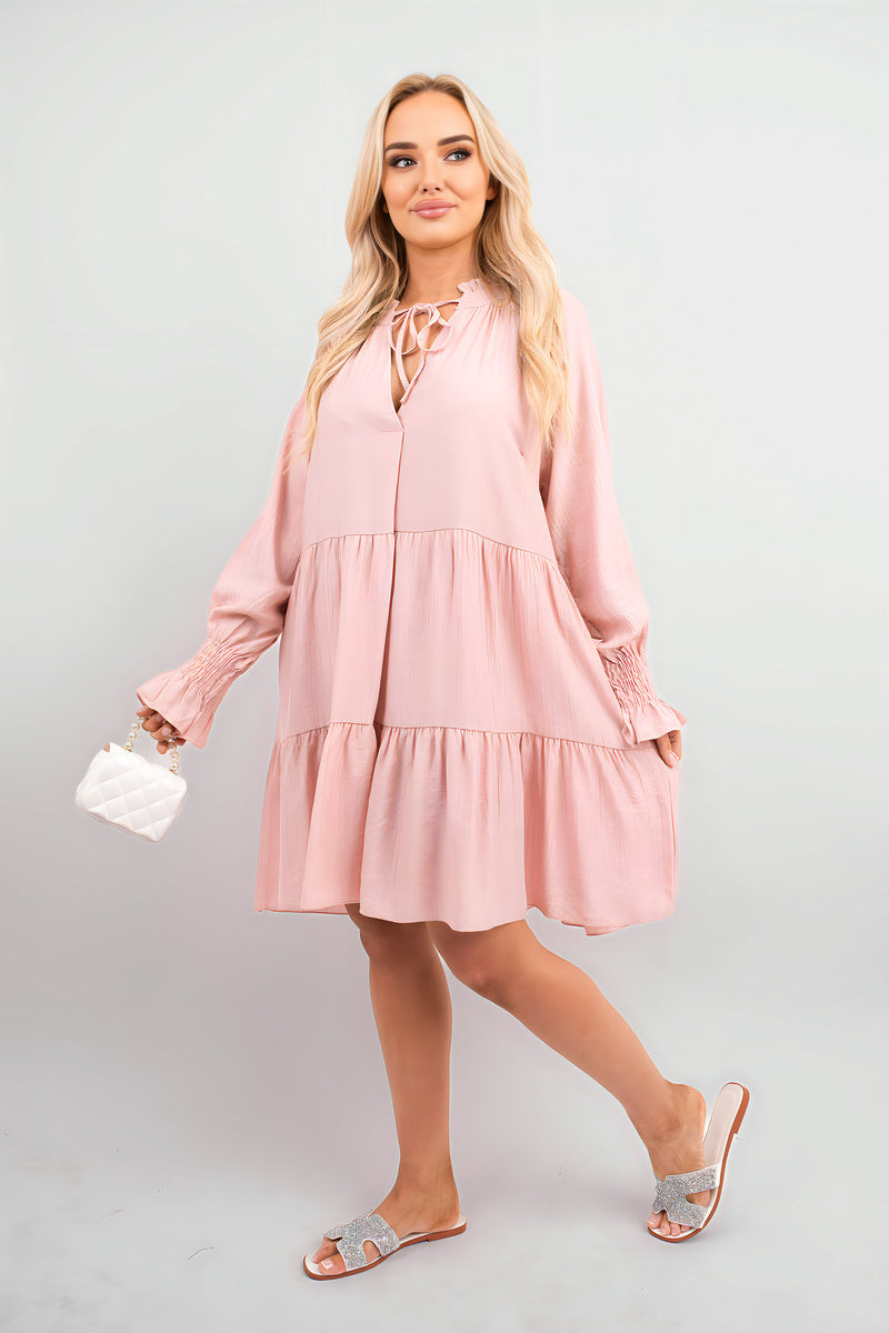 Long Sleeve Front Tie Tiered Mini Dress