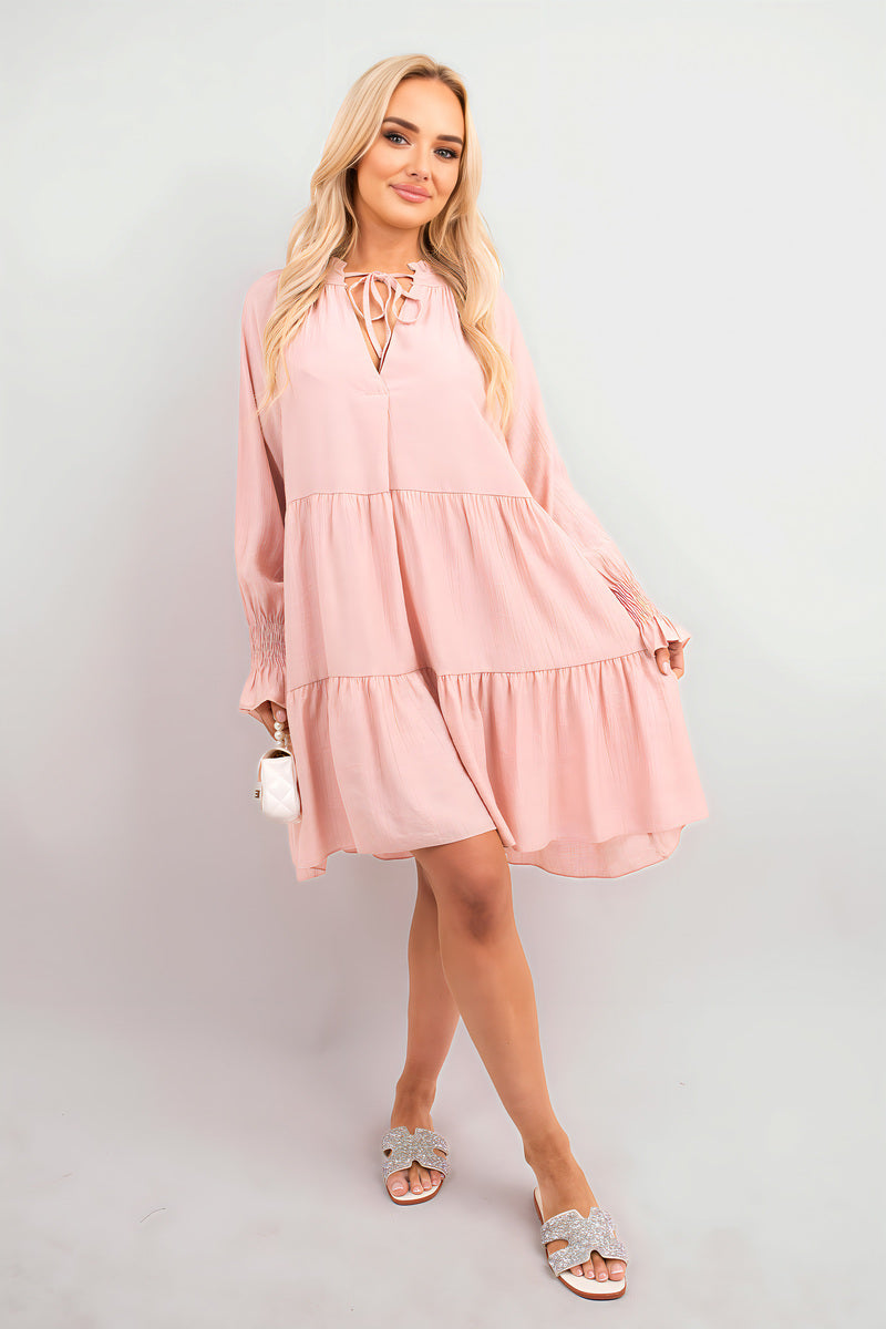 Long Sleeve Front Tie Tiered Mini Dress
