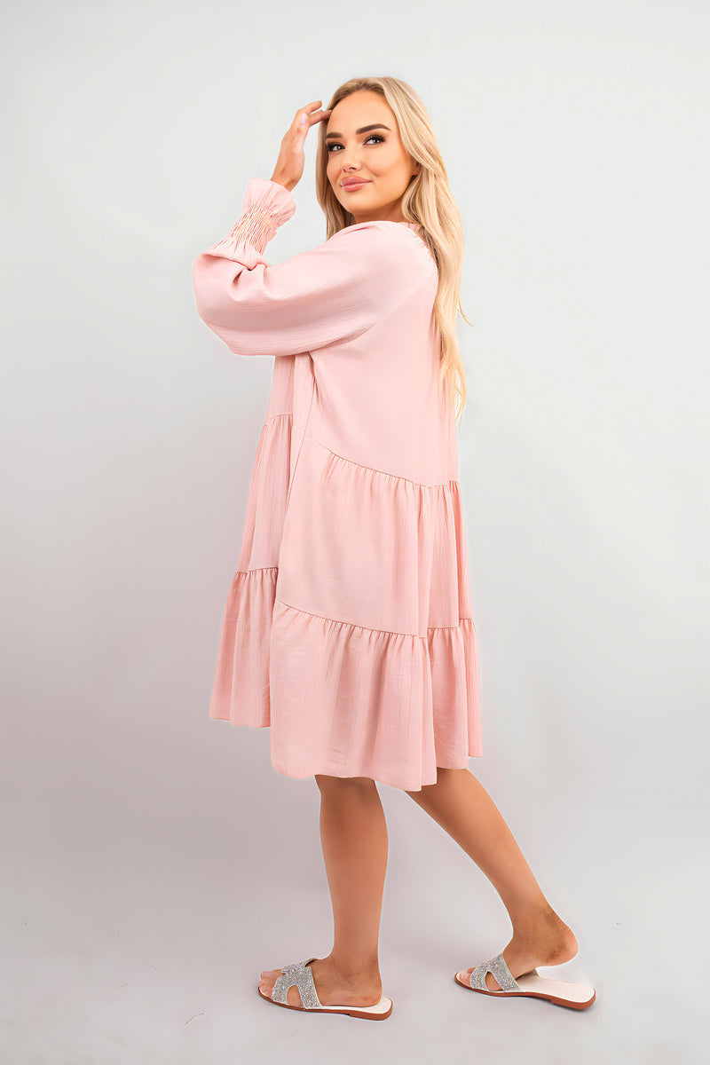 Long Sleeve Front Tie Tiered Mini Dress
