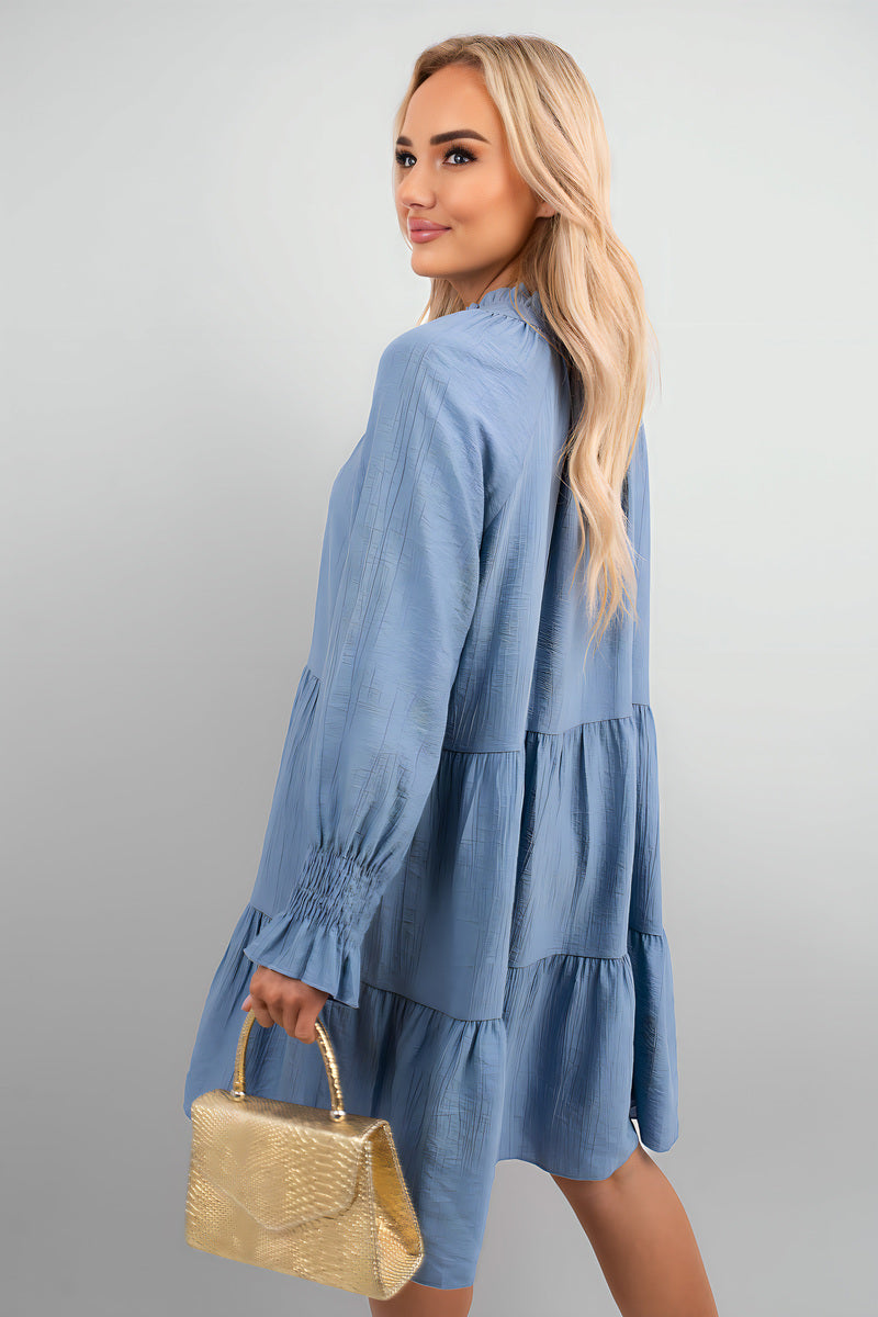 Long Sleeve Front Tie Tiered Mini Dress