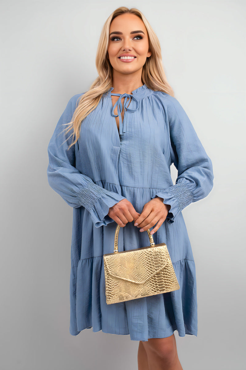 Long Sleeve Front Tie Tiered Mini Dress