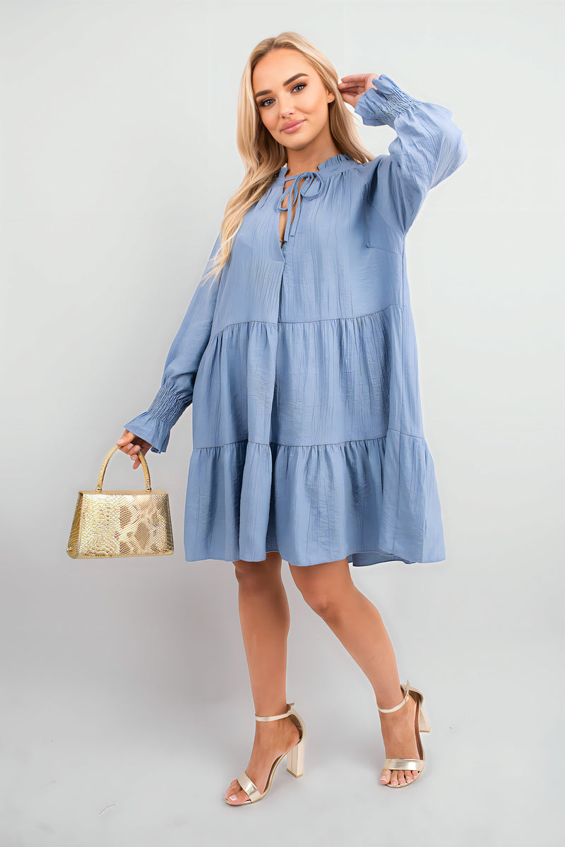 Long Sleeve Front Tie Tiered Mini Dress