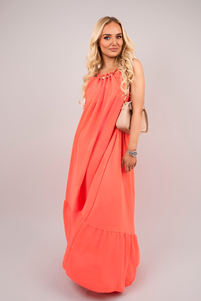 Sleeveless Beaded Halter Neck Maxi Dress with Tiered Hem