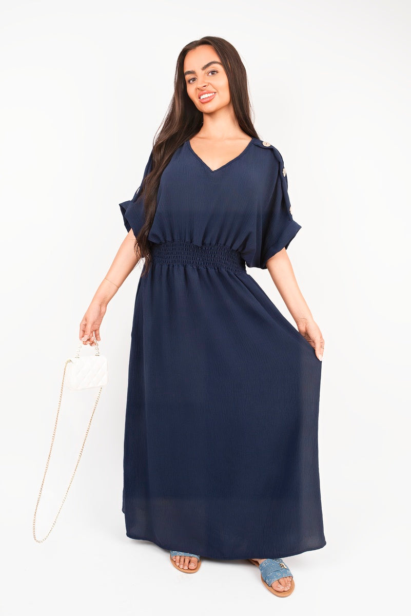 V Neck Short Sleeve Maxi Dress with Button Detail