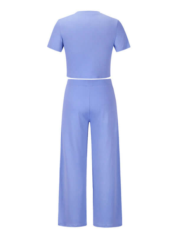 Women&#39;s solid color round neck short-sleeved T-shirt + trousers two-piece set