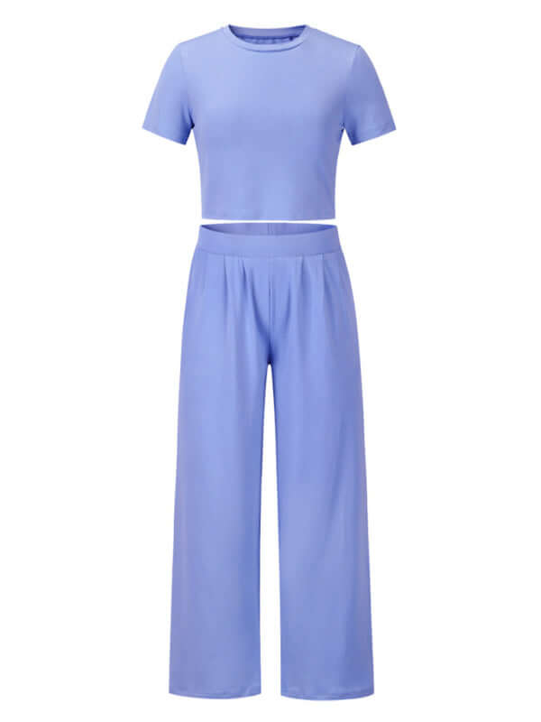 Women&#39;s solid color round neck short-sleeved T-shirt + trousers two-piece set
