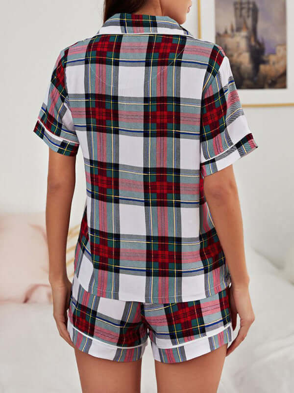 Spring-Summer Sleeveless Plaid Knit Pajama Set with Welt Pocket