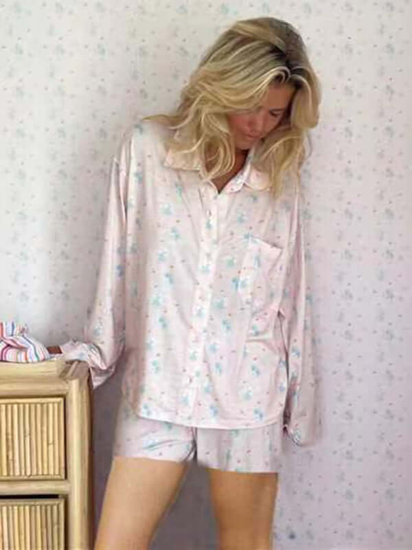 New long-sleeved printed pajamas with slits, loose long-sleeved shorts, home wear set