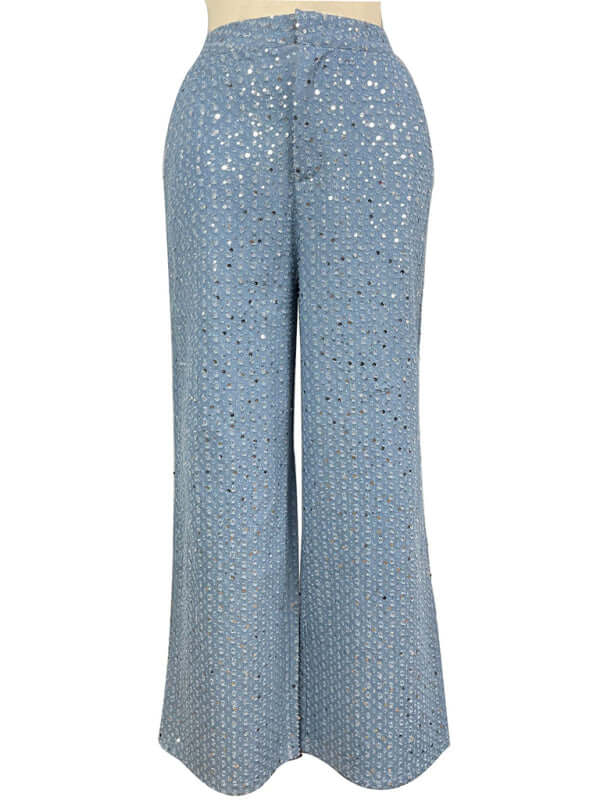 Women's casual sequined denim straight pants with a loose fit, designed for comfort and style, perfect for all seasons.