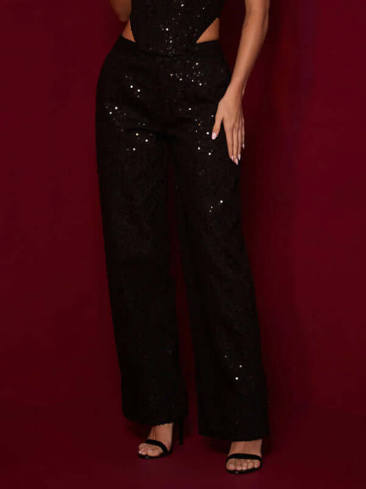 Women's casual black sequined straight-leg denim pants, perfect for a stylish leisure look.