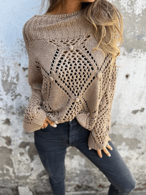 Casual loose beige knit sweater with round neck, featuring a textured design and slight elasticity, perfect for autumn-winter.