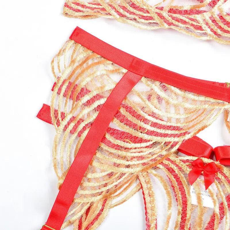 Gold Wave Embroidered Bra &amp;amp; Panty Set with Red Frame - Little Miss Vanilla