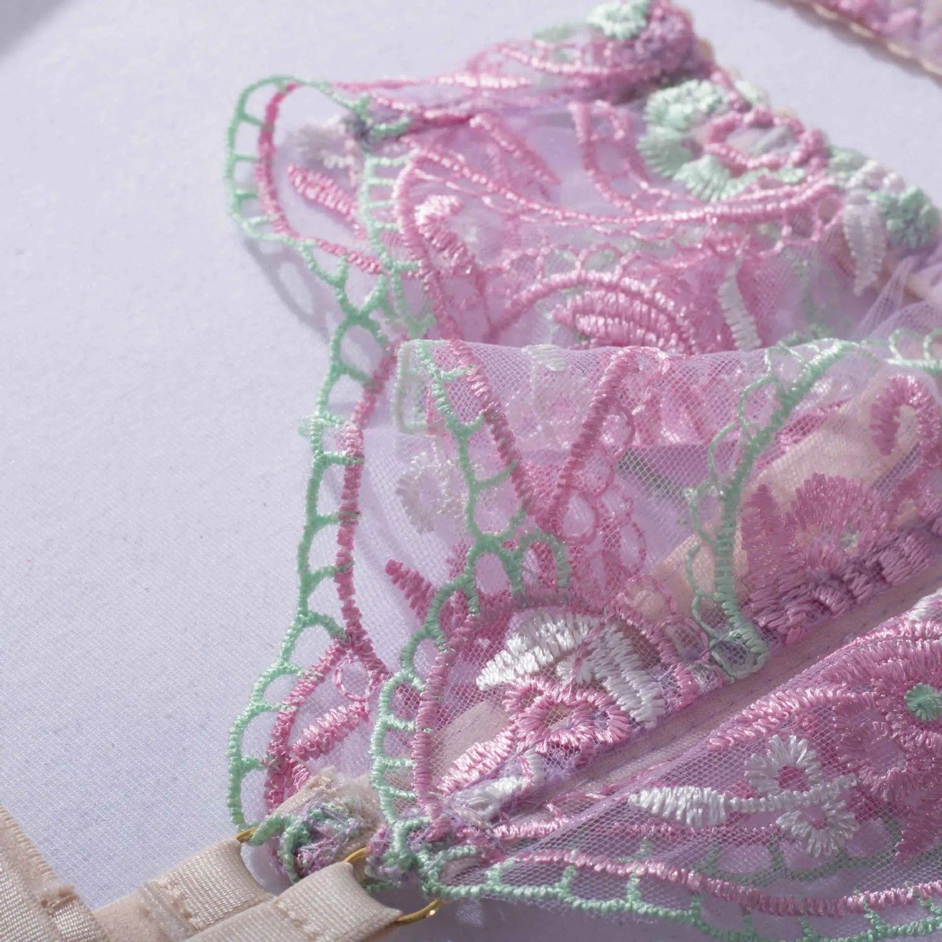 Sheer Mesh Sexy Lingerie Bra Set with Embroidered Flowers - Little Miss Vanilla