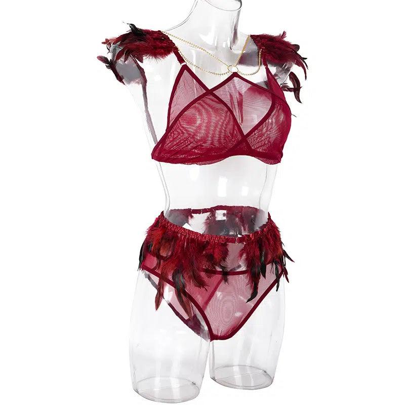 Fire Brick Sheer Mesh Bra and Panty Set with Feather - Little Miss Vanilla