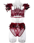 Fire Brick Sheer Mesh Bra and Panty Set with Feather - Little Miss Vanilla