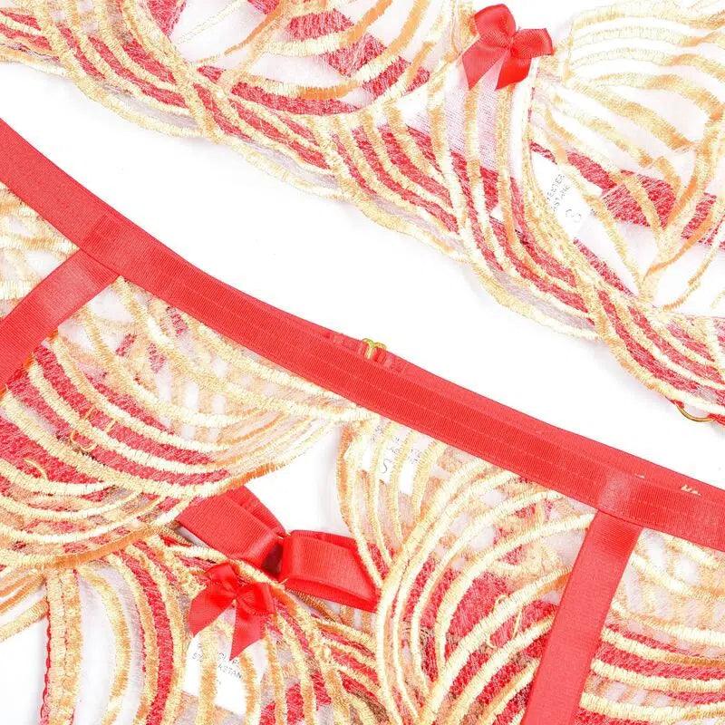 Gold Wave Embroidered Bra &amp;amp; Panty Set with Red Frame - Little Miss Vanilla