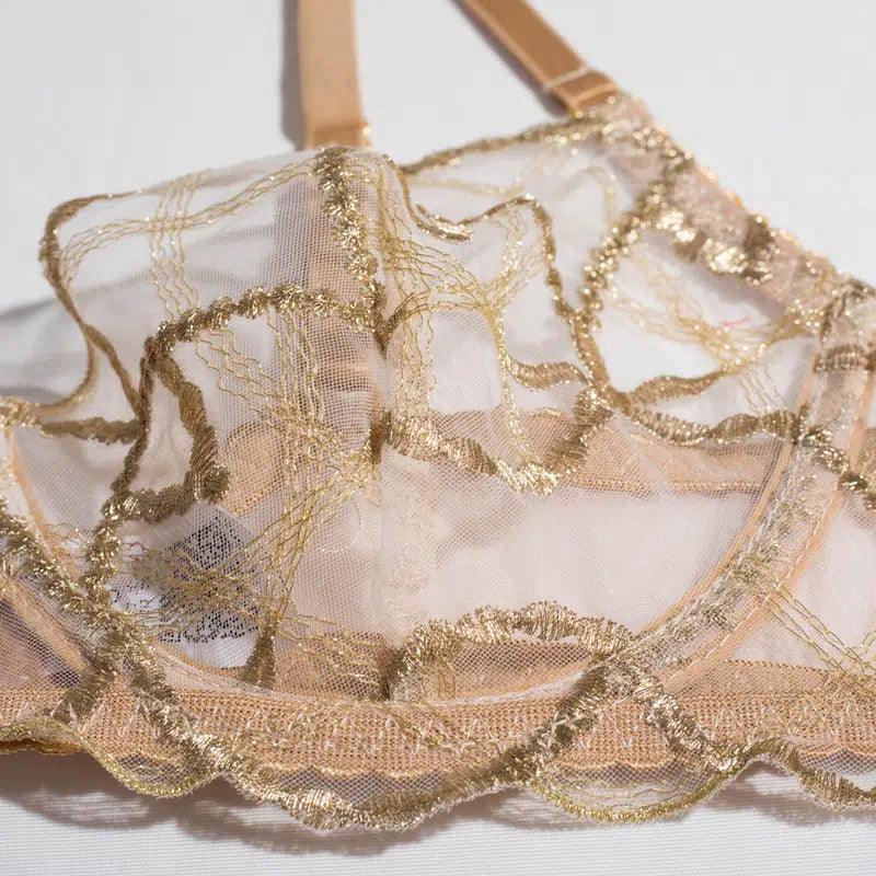 Sheer Mesh Beige Bra Set of 3 with Embroidered Detailing - Little Miss Vanilla