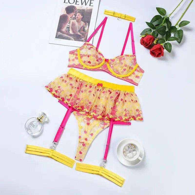 Wholesale Lace and Eyelash Bra and Panty Set with Love Embroidery - Little Miss Vanilla